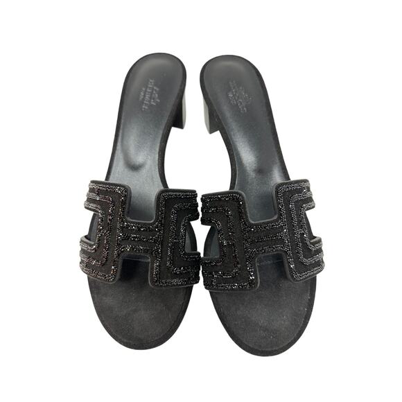 Hermes Oasis Block Heel Sandals Womens 37 US 6.5 Black Suede Arcane Rhinestone - Picture 3 of 10